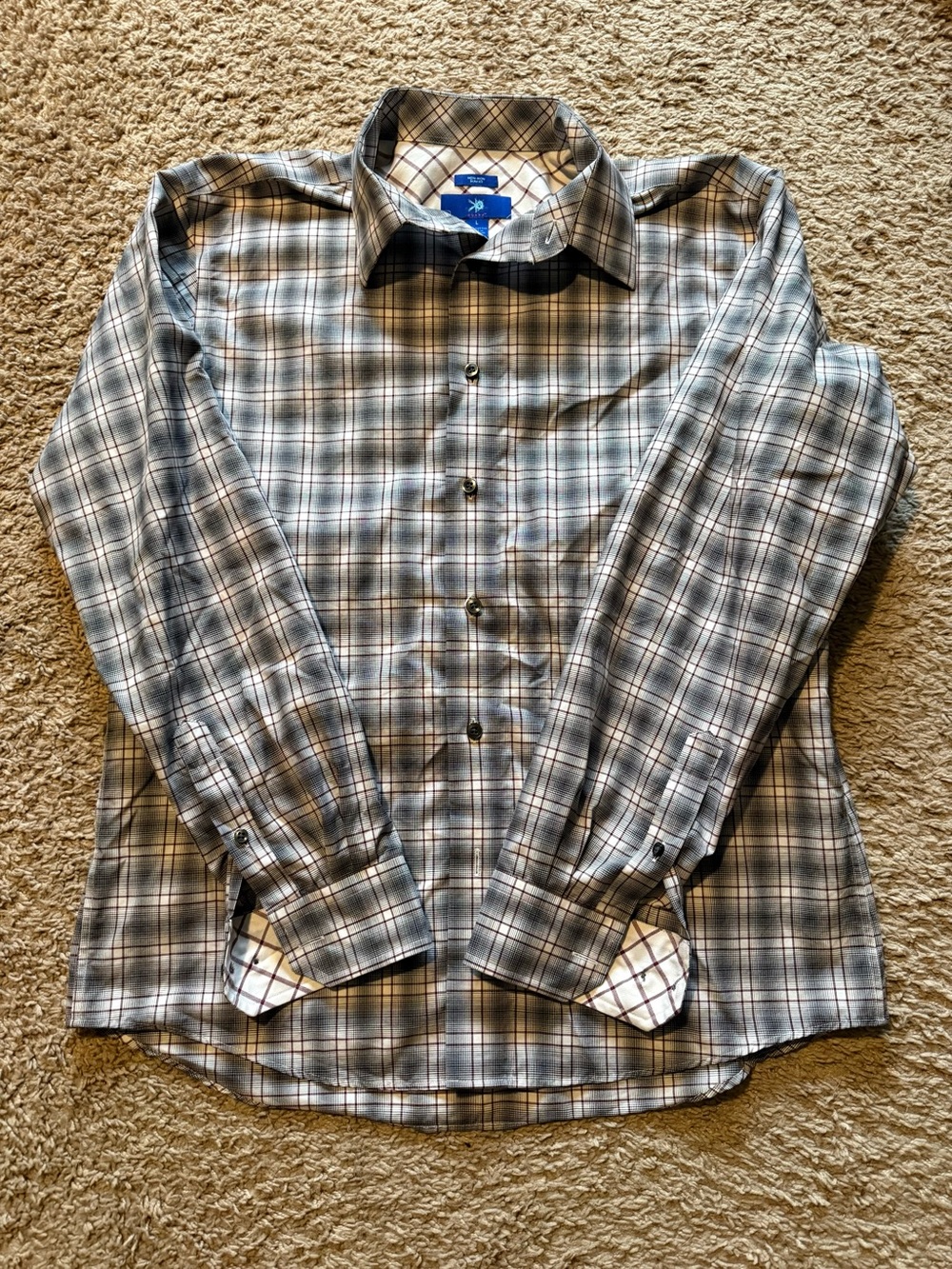 Egara Men’s Gray and Burgundy Plaid Button-Down Shirt